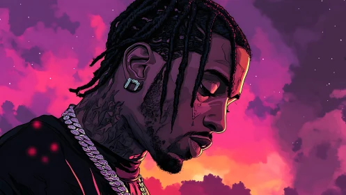 Profile portrait of braided man against neon-gradient sunset sky