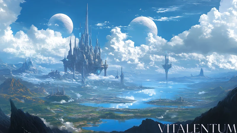 Digital painting of celestial sky citadel over twin moons.