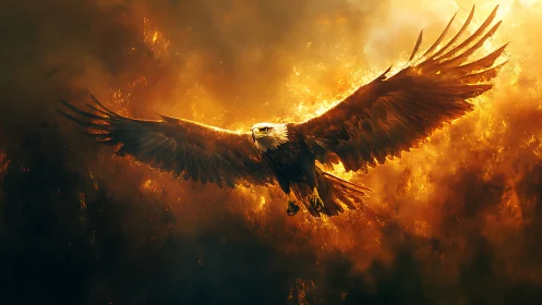 Majestic Bald Eagle Soaring Through Fiery Skies in Dramatic Art.