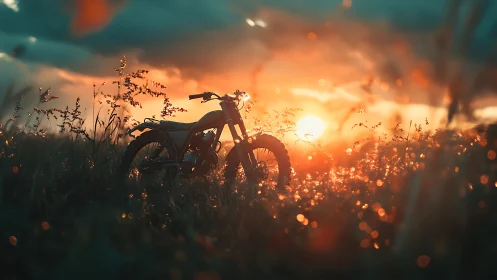 Solitary dirt bike waits in glowing sunset meadow haze