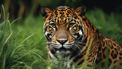 Jaguar portrait captures poised predator amid dense foliage