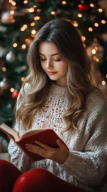 Soft bokeh portrait shows woman reading by defocused tree lights