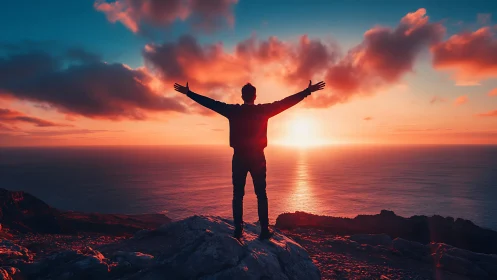 Sunset triumph on coastal cliff with radiant sky glow.
