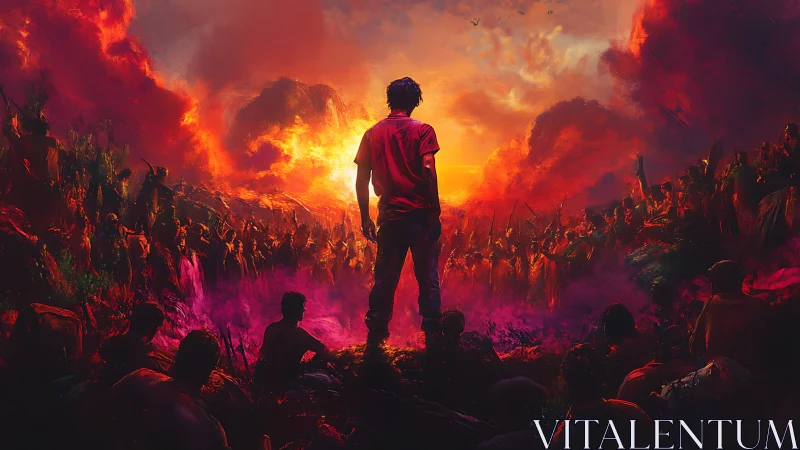 Solitary figure faces large crowd under burning red sky