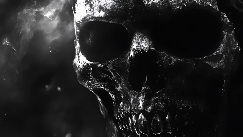 Gleaming skull emerges from smoky darkness in stark contrast