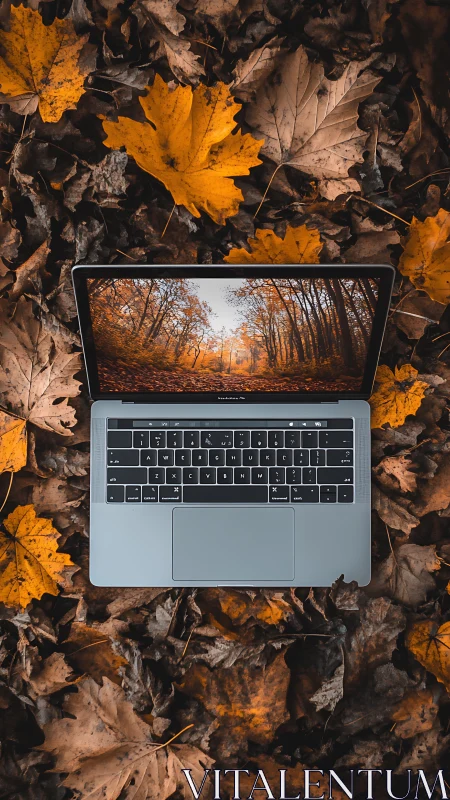 Laptop on autumn leaves with immersive forest display.