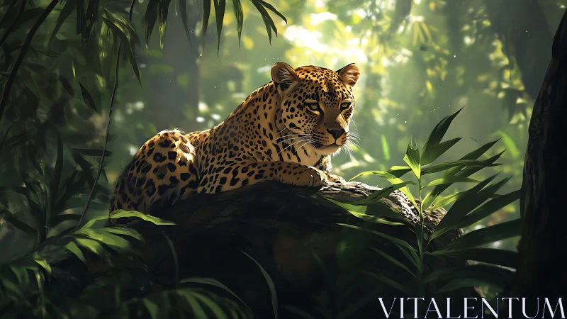 Leopard resting on mossed rock under volumetric jungle light
