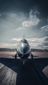 Symmetric frontal study of polished jet aircraft on tarmac.