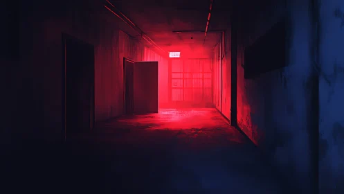Red-lit abandoned hallway with open door and harsh glow.