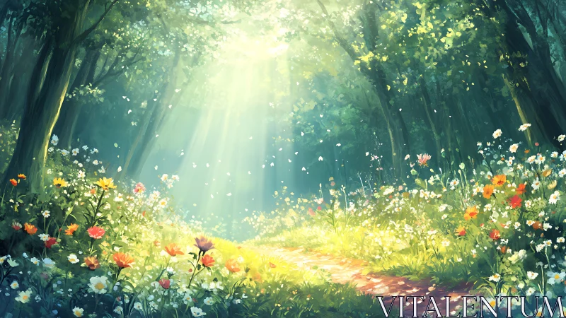 Sunlit woodland path with flowering meadow borders.