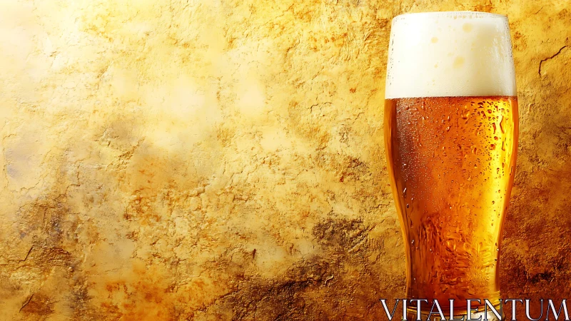 Chilled pilsner beer in tall glass against textured golden wall