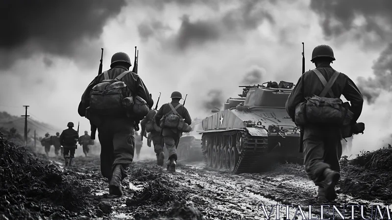 Infantry advance flanks armored tank through muddy warroad.