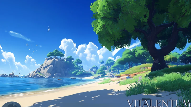 Coastal Paradise: Stylized Beach Landscape with Dramatic Shoreline.
