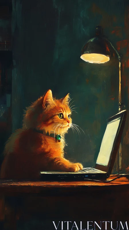Orange Cat Working Late at Computer Desk.