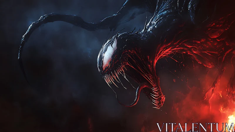 Sinister symbiote lunges through fire with fierce intensity.