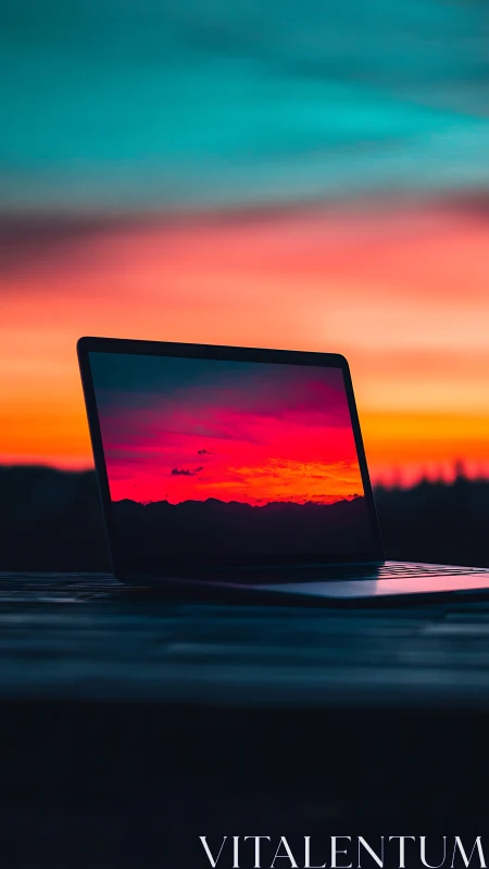 Laptop quietly doubles the neon sunset beyond its glass