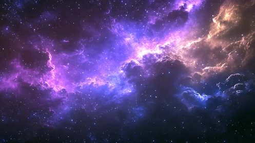 Digital nebula field shows dense violet and blue gas clouds