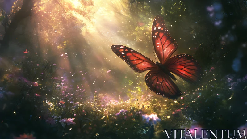 Large orange butterfly in backlit forest clearing at dawn.