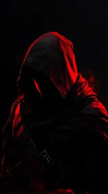 Hooded assassin silhouette in crimson rim lighting profile.