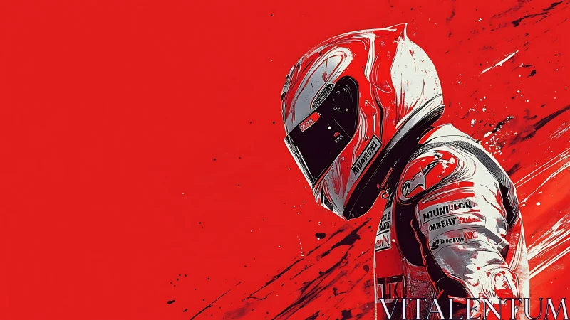 Motorcycle racer profile dominates bold red dynamic field.