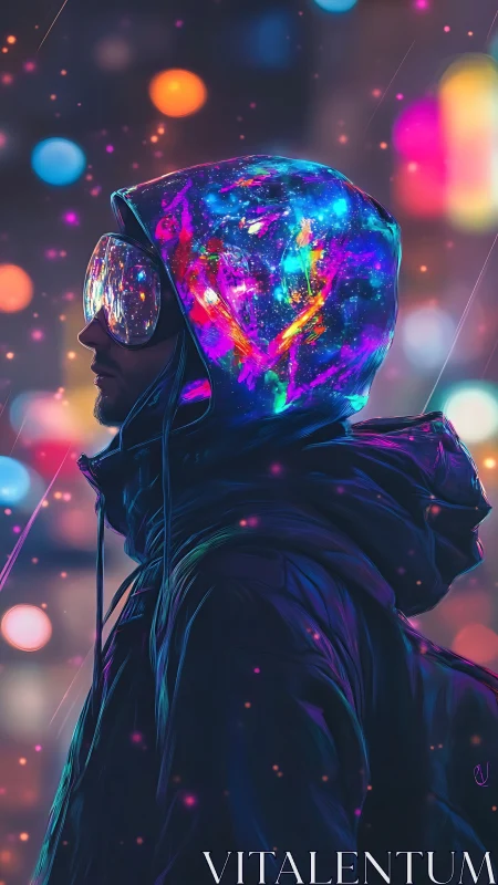 Hooded figure in neon jacket against blurred city lights.