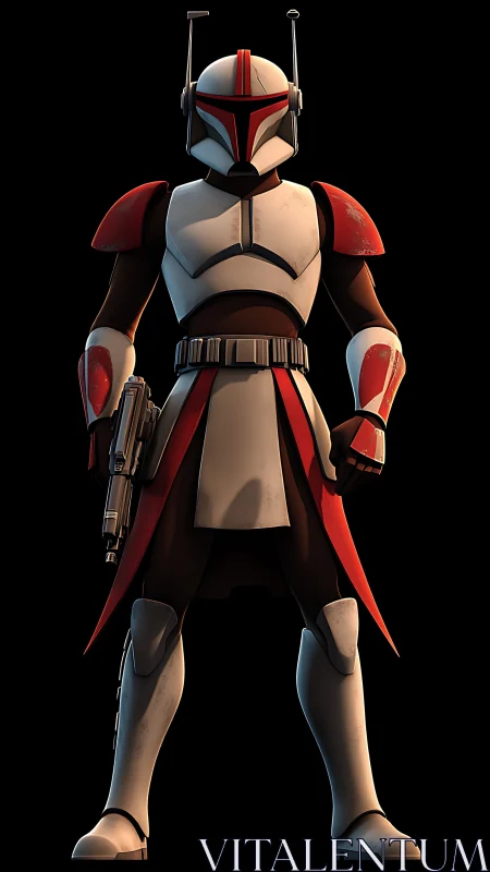 Armored sci fi soldier in red and white tactical gear.
