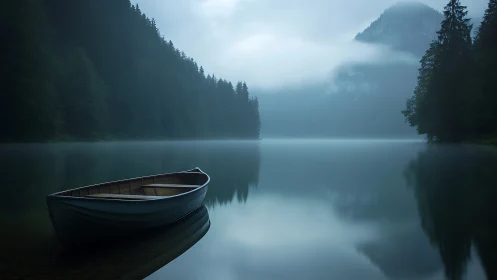Rowboat on misty forest lake at dawn in soft blue light.