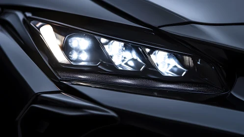 Close-up of Modern Car LED Headlight in Sleek Black Finish.