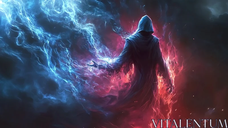 Hooded elemental sorcerer in bifurcated red-blue nebular field.