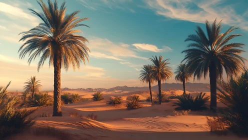 Sunlit desert oasis with tall palm trees and soft dunes