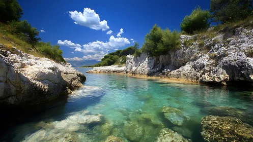 Rock-lined coastal inlet shows clear shallow water and sky