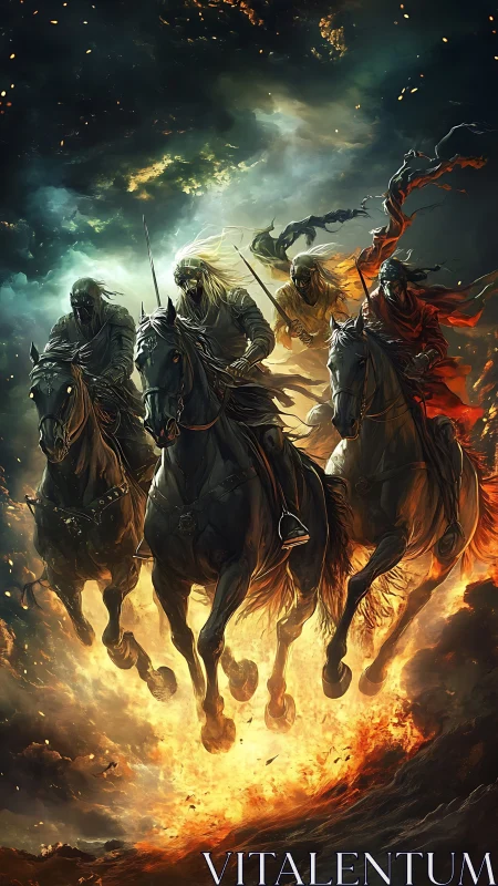 Four spectral horsemen charge through storm and burning sky