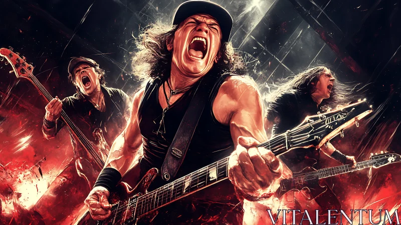 Digital painting of explosive rock band performance dynamics.