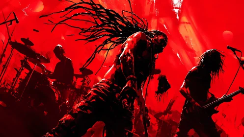 Dynamic red-lit metal band performance with dreadlocked vocalist