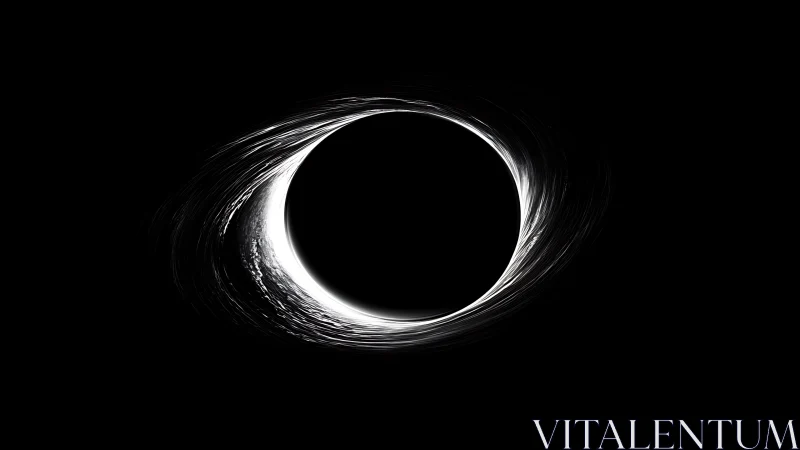 Black circular void with bright swirling light ring.