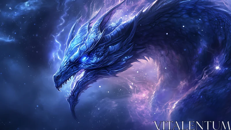 Celestial storm dragon coiled in luminous cosmic nebula.