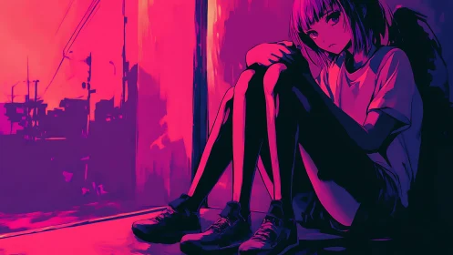 Pensive anime girl in neon pink and purple alleyway.