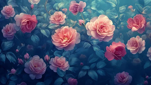 Blooming Garden with Pink Roses. Soft floral arrangement in cool tones.