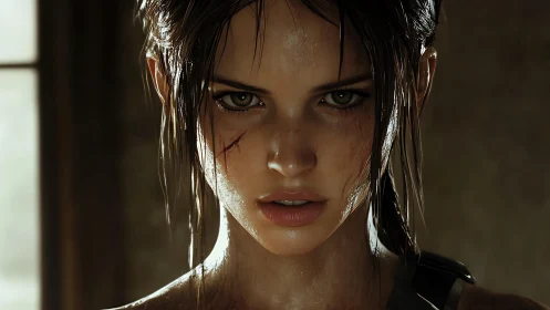 Rendered close-up of wounded woman with wet hair indoors.