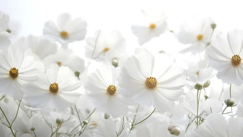 White cosmos flowers with golden stamens rendered in high-key soft focus photography