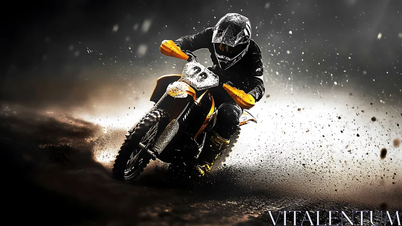 High-velocity motocross drift in dynamic particulate spray.