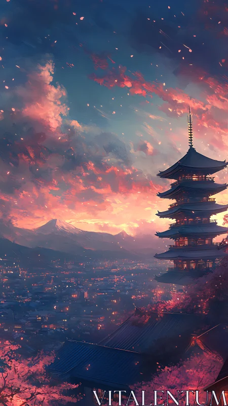 Pagoda above illuminated city at sunset with distant mountain.