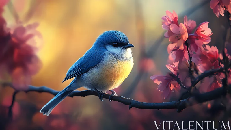 Blue songbird on cherry blossom branch in dreamy sunset light.