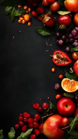 Assorted red and orange fruits on dark textured background.