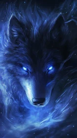 Midnight spirit wolf glowing through swirling blue starlight.
