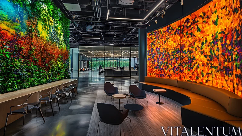 Office lobby contrasts vertical garden with digital art wall