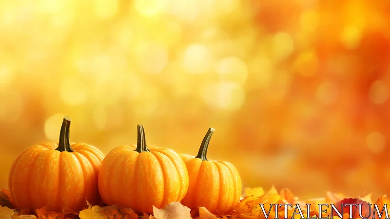 Three small pumpkins rest on autumn leaves in warm light