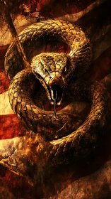 Coiled golden serpent roaring over a scorched battle flag.