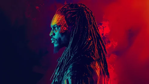 Neon side portrait with tribal face paint and dreadlocked hair