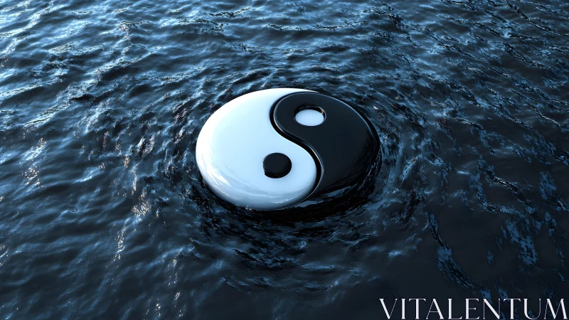 Glossy Yin Yang Symbol Floating on Calm Blue Water Surface.